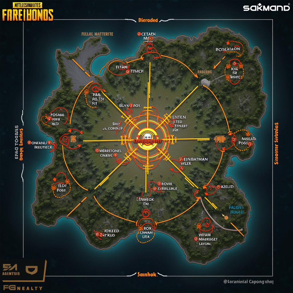 Tactical map overlay showing Team Fury's rotation patterns across Erangel, Miramar, and Sanhok, heat map of landing zones, common rotation paths marked with arrows, zone positioning analysis