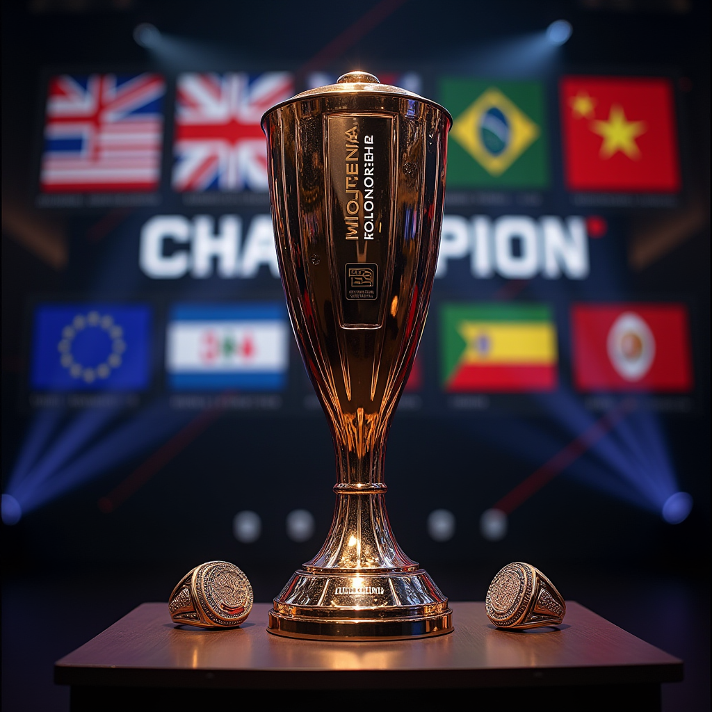 Stunning COD Mobile World Championship trophy on display with dramatic lighting, championship rings and medals visible, backdrop showing all four regional flags representing North America, Europe, Asia, and Latin America, professional esports championship presentation