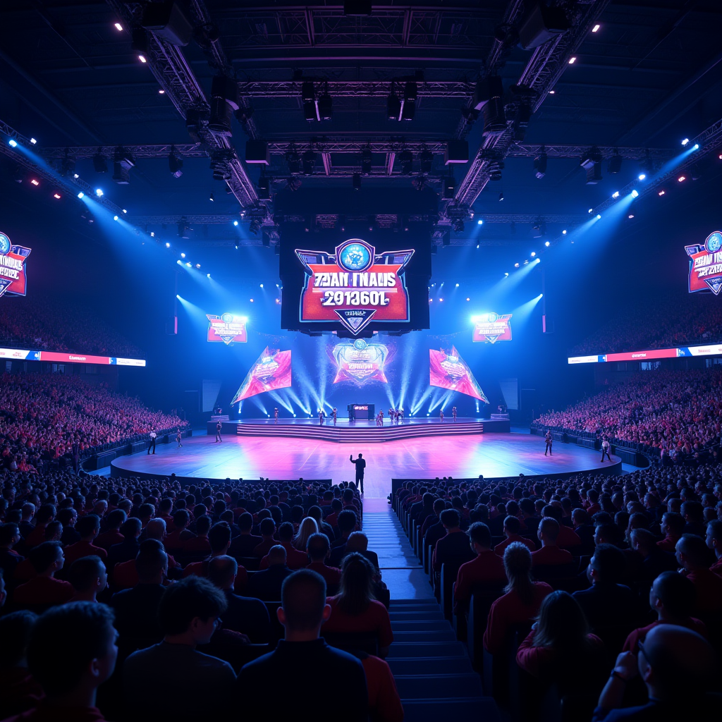PMGC 2024 Finals championship stage with Team Fury celebrating their victory, dramatic lighting with blue and pink neon accents, large screens displaying final standings, packed arena with enthusiastic crowd