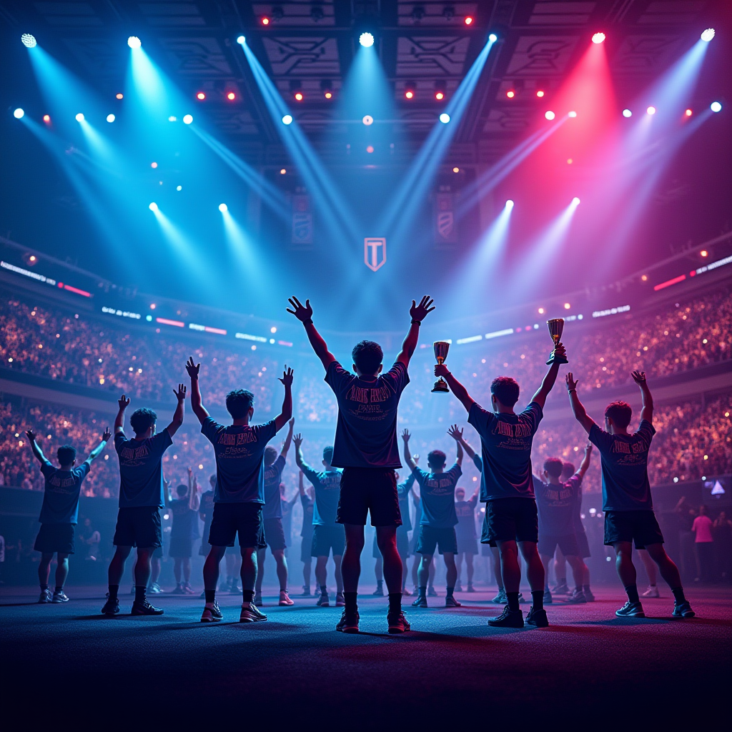 Collage of the most memorable mobile esports moments from 2024, featuring intense tournament action, celebrating players, massive crowds, and championship trophies under dramatic stage lighting with vibrant blue and pink neon effects