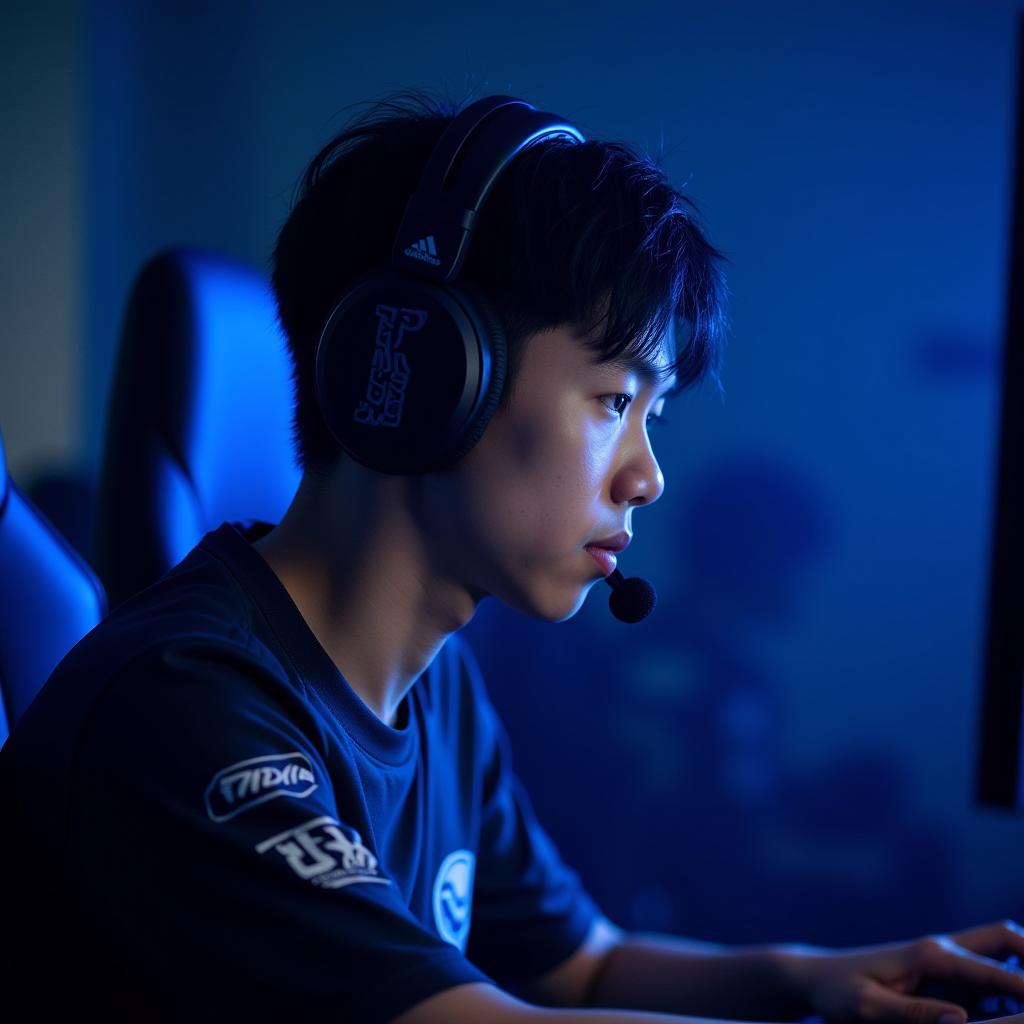 Chen Wei, known as Phantom, concentrating intensely during a championship mobile esports match, wearing professional gaming headset and team jersey under dramatic blue stage lighting