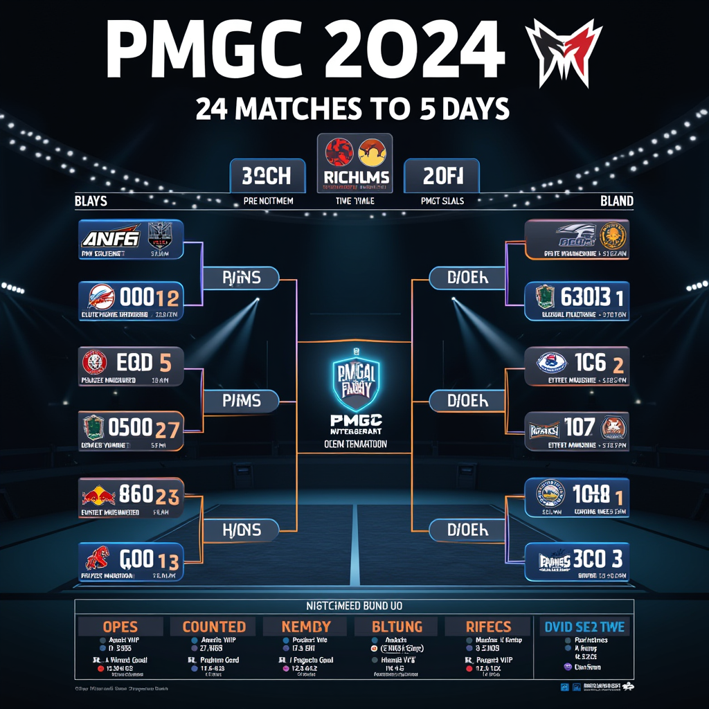 Infographic showing PMGC 2024 tournament format with 16 teams, 24 matches over 5 days, scoring breakdown showing placement points and elimination points, map rotation schedule