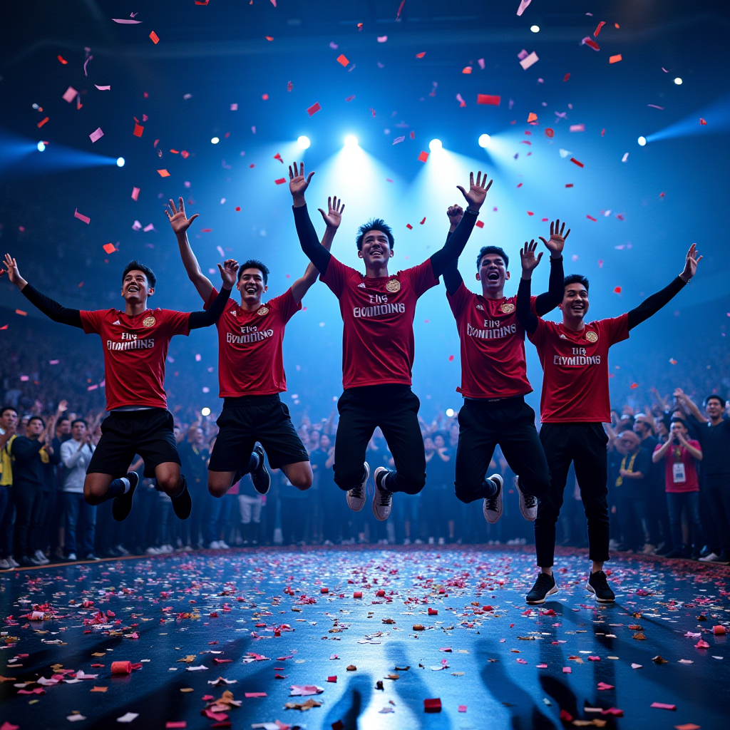 Phoenix Rising team celebrating their miraculous comeback victory at the Mobile Gaming World Championship, players jumping with joy on stage with confetti falling, dramatic blue stage lighting, crowd going wild in the background