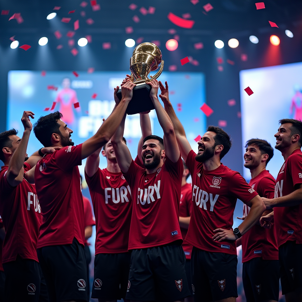 Team Fury players celebrating on stage after winning PMGC 2024, holding championship trophy, confetti falling, emotional moment with teammates embracing, large screens showing their victory