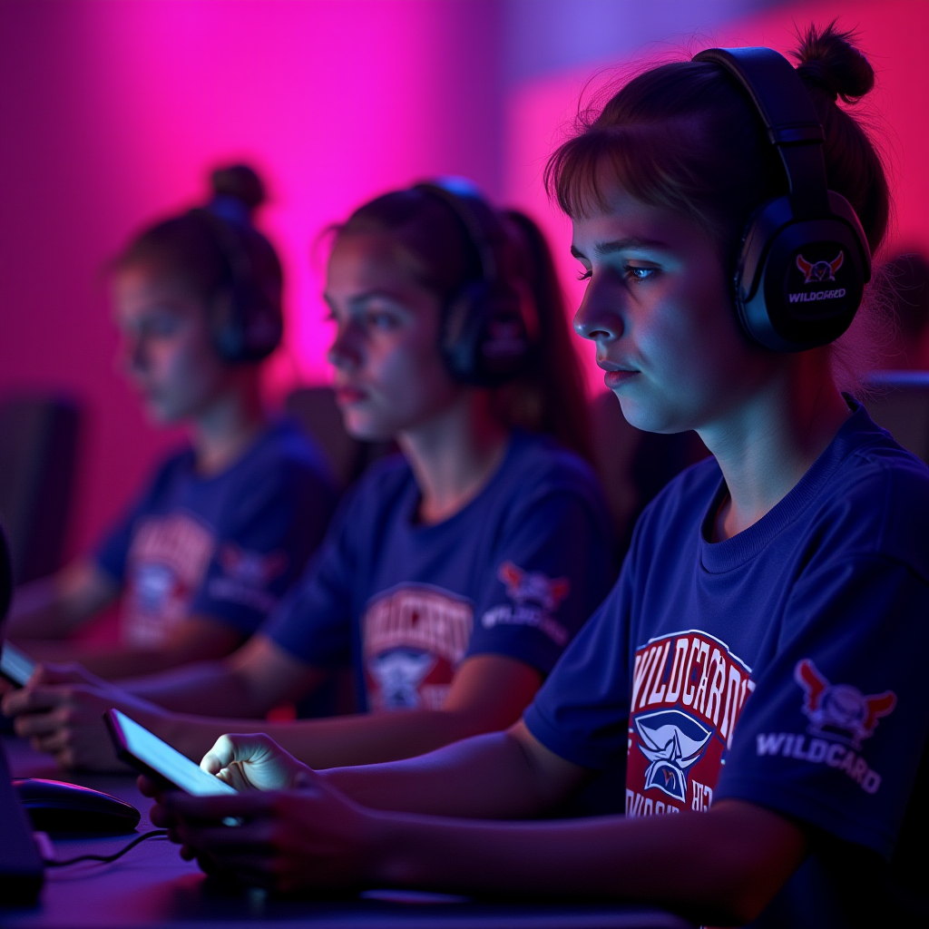 Wildcard Warriors team members in their jerseys showing determination and focus during their championship run, intense concentration on their faces as they compete on mobile devices, pink and blue stage lighting creating dramatic atmosphere