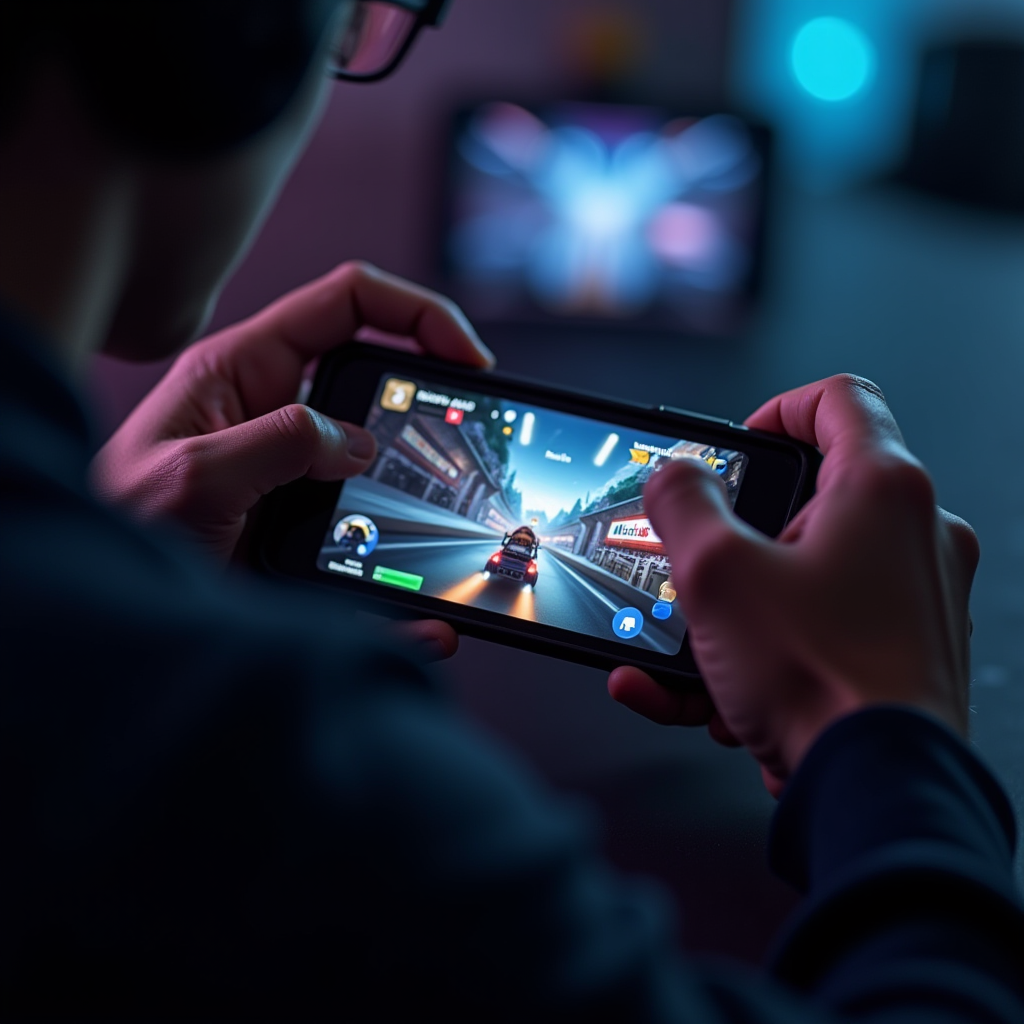 Close-up shot of professional player's hands executing precise movements on mobile device during intense competitive match, with fast-paced game action visible on screen, dramatic lighting emphasizing the speed and precision