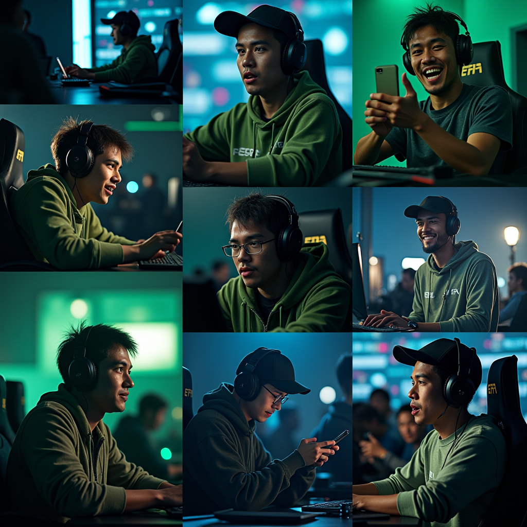 Collage of memorable mobile esports moments from 2024 including clutch plays, emotional player reactions, championship celebrations, intense gameplay screenshots, dramatic lighting with green and blue accents