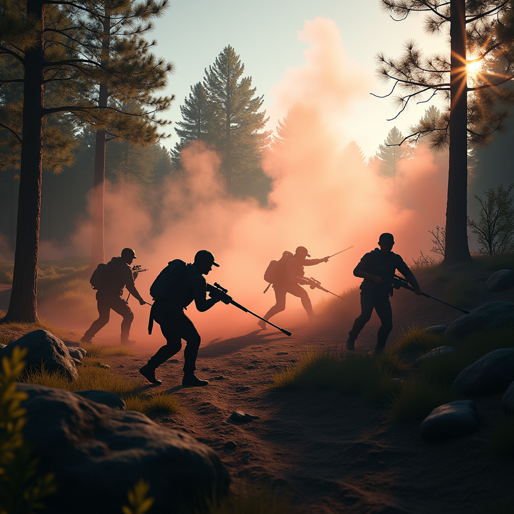 Intense final circle gameplay from PMGC 2024 showing multiple teams in close proximity, smoke grenades deployed, players in cover behind rocks and trees, dramatic lighting and action