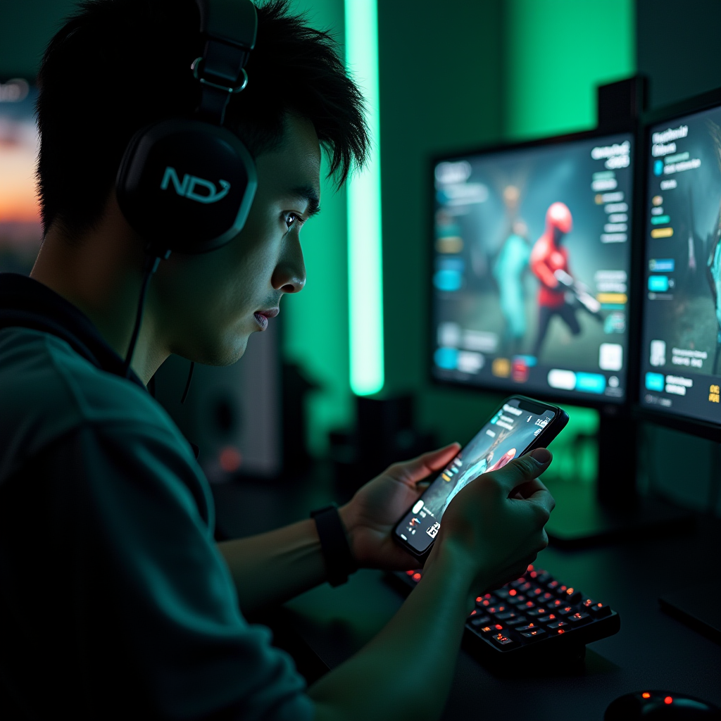 Professional mobile esports player 'Phantom' in intense focus during record-breaking performance, hands moving rapidly on mobile device, multiple screens showing game statistics and records being broken, green accent lighting highlighting the historic moment
