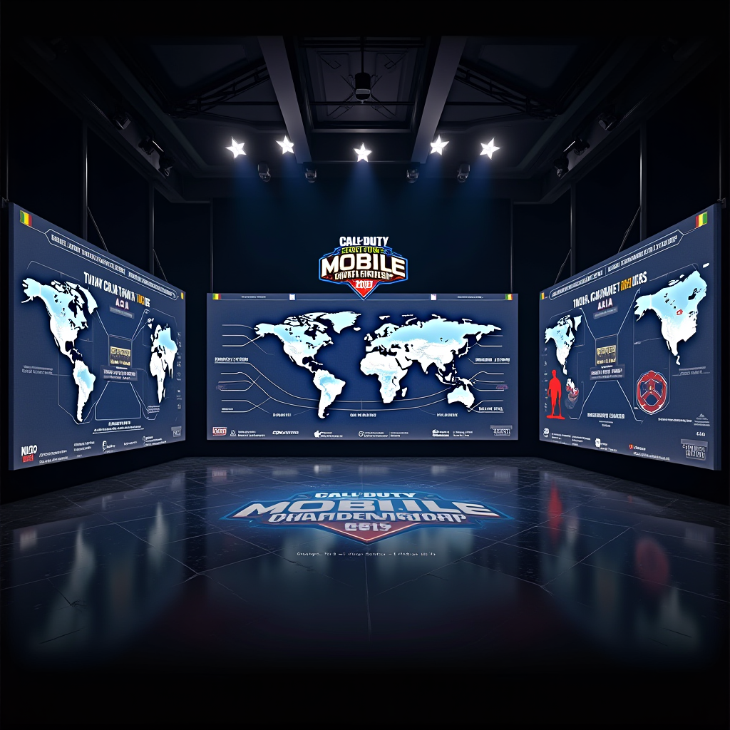 Call of Duty Mobile World Championship 2025 regional qualifiers map showing North America, Europe, Asia, and Latin America regions with tournament brackets, team flags, competitive gaming setup with multiple screens
