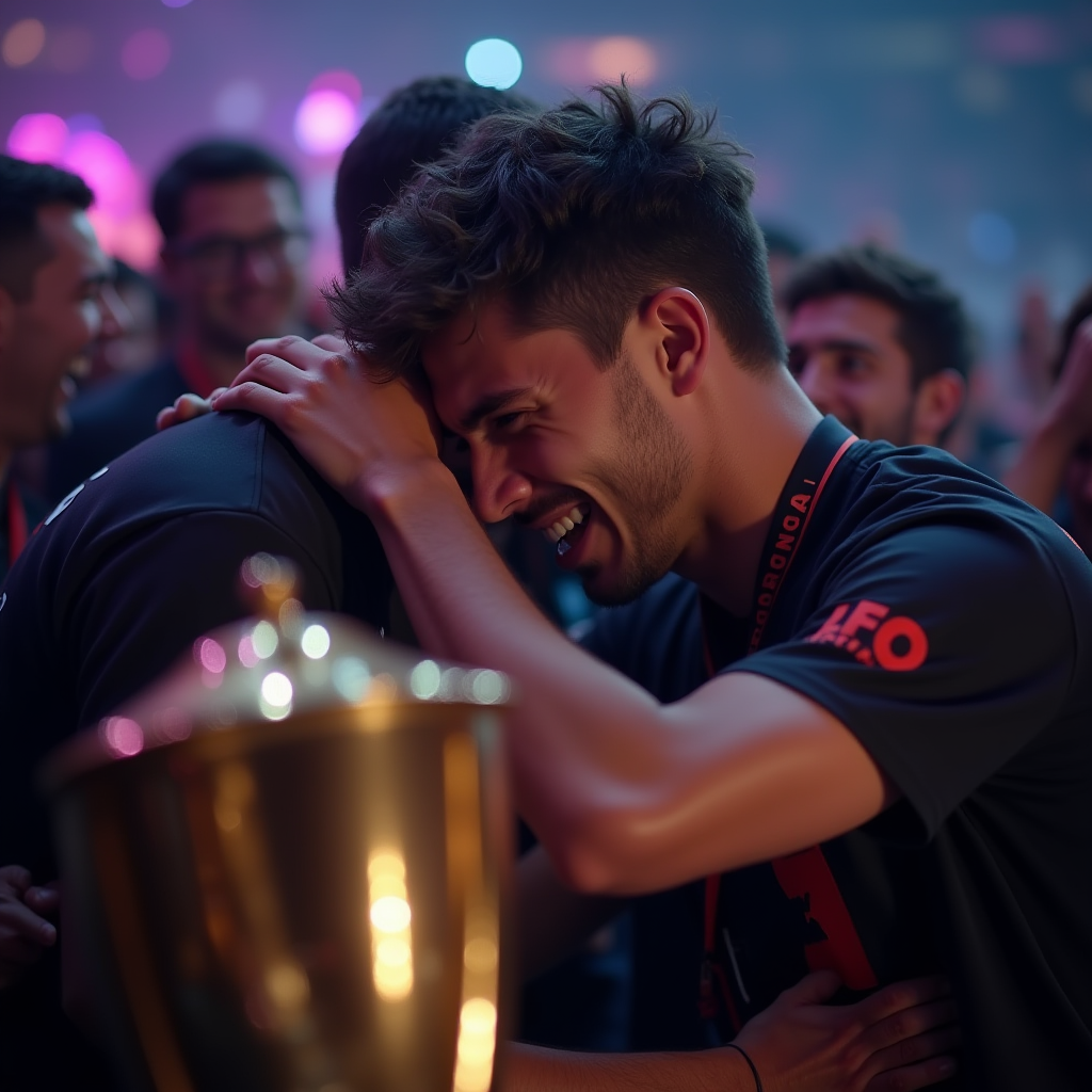 Veteran mobile esports player 'Legacy' overcome with emotion after winning championship, tears of joy streaming down face, teammates embracing in celebration, championship trophy gleaming in the foreground, emotional crowd in background