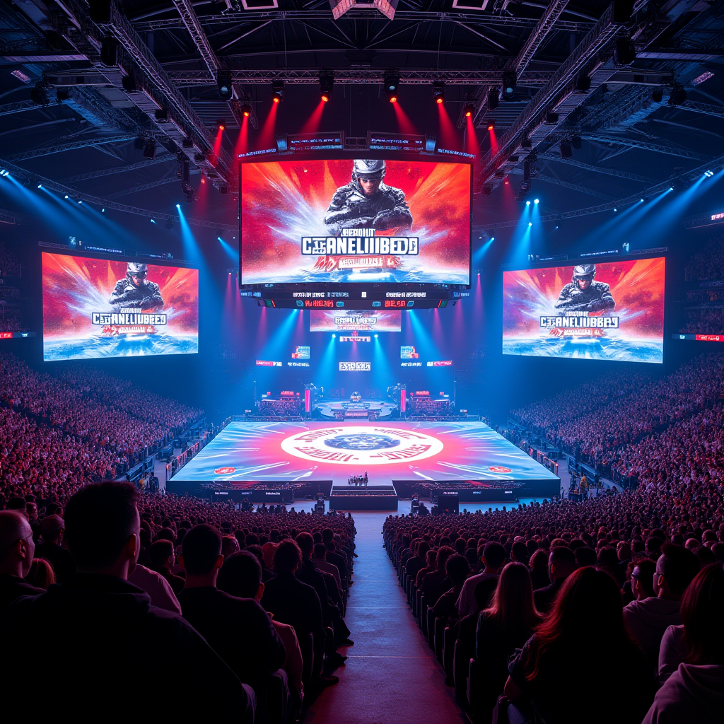 Massive Asian mobile esports championship stage with teams from China, Japan, Korea, and Southeast Asia competing in COD Mobile qualifiers, enormous LED screens, packed arena with thousands of fans, professional broadcast setup