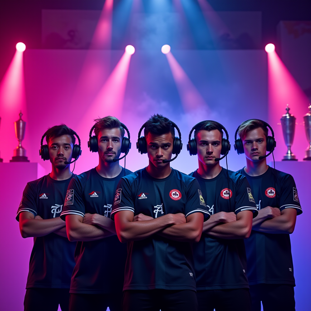 Five breakthrough mobile esports players in dynamic action poses wearing team jerseys, professional gaming headsets, intense focused expressions, dramatic pink and blue stage lighting, championship trophies in background