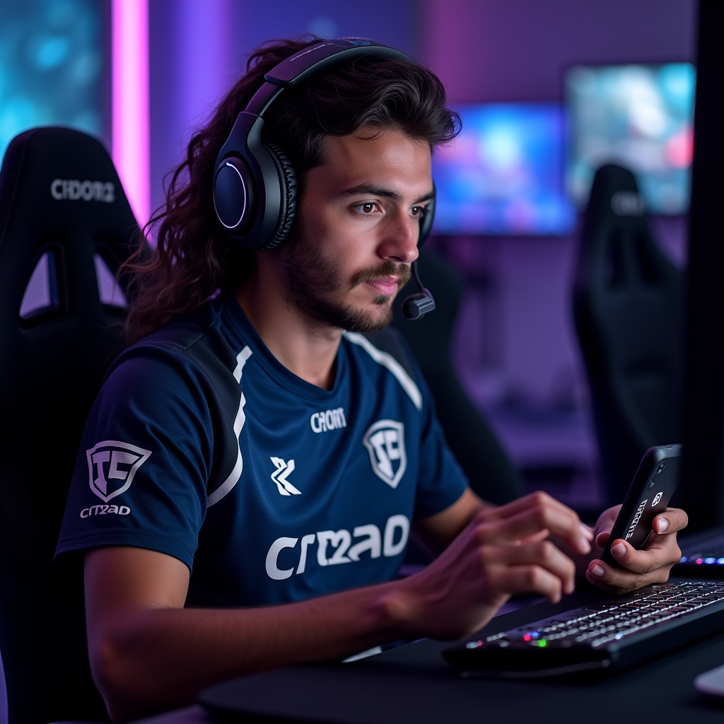 Team Fury player Blaze in intense focus during gameplay, wearing team jersey, gaming headset, hands on mobile device, professional esports setup with RGB lighting