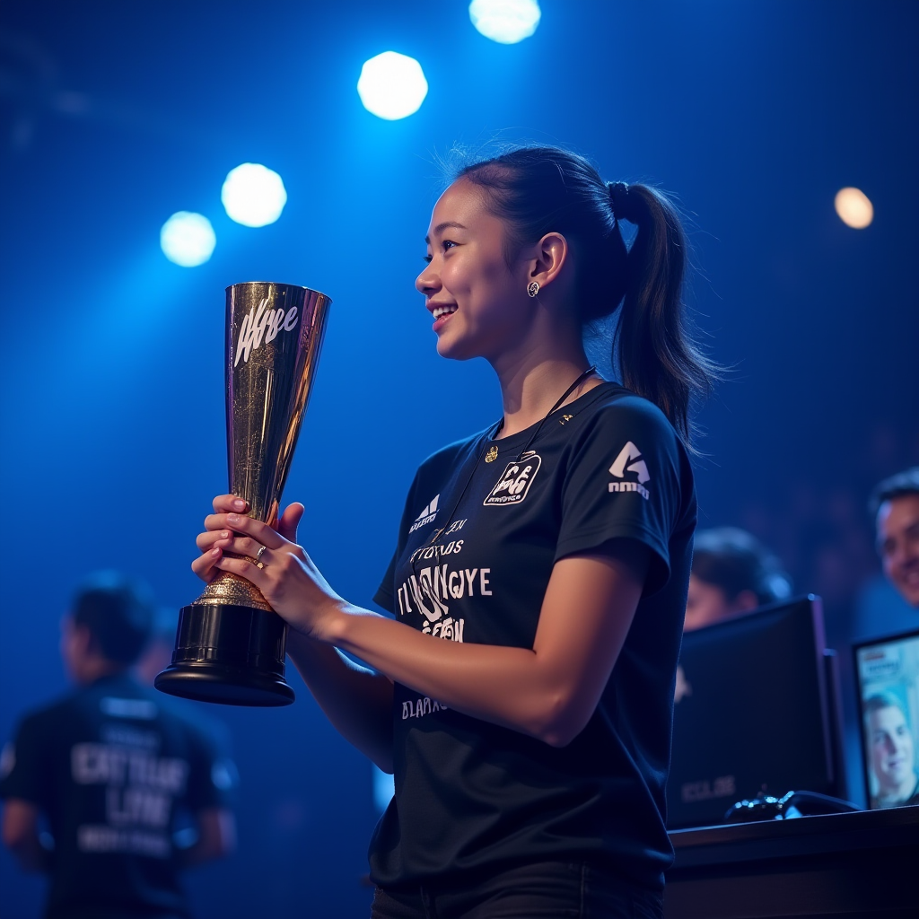 Young female esports champion 'Hope' holding championship trophy and photo of her late father, emotional moment on stage with supportive teammates around her, blue stage lighting creating poignant atmosphere, inspiring scene of triumph and remembrance