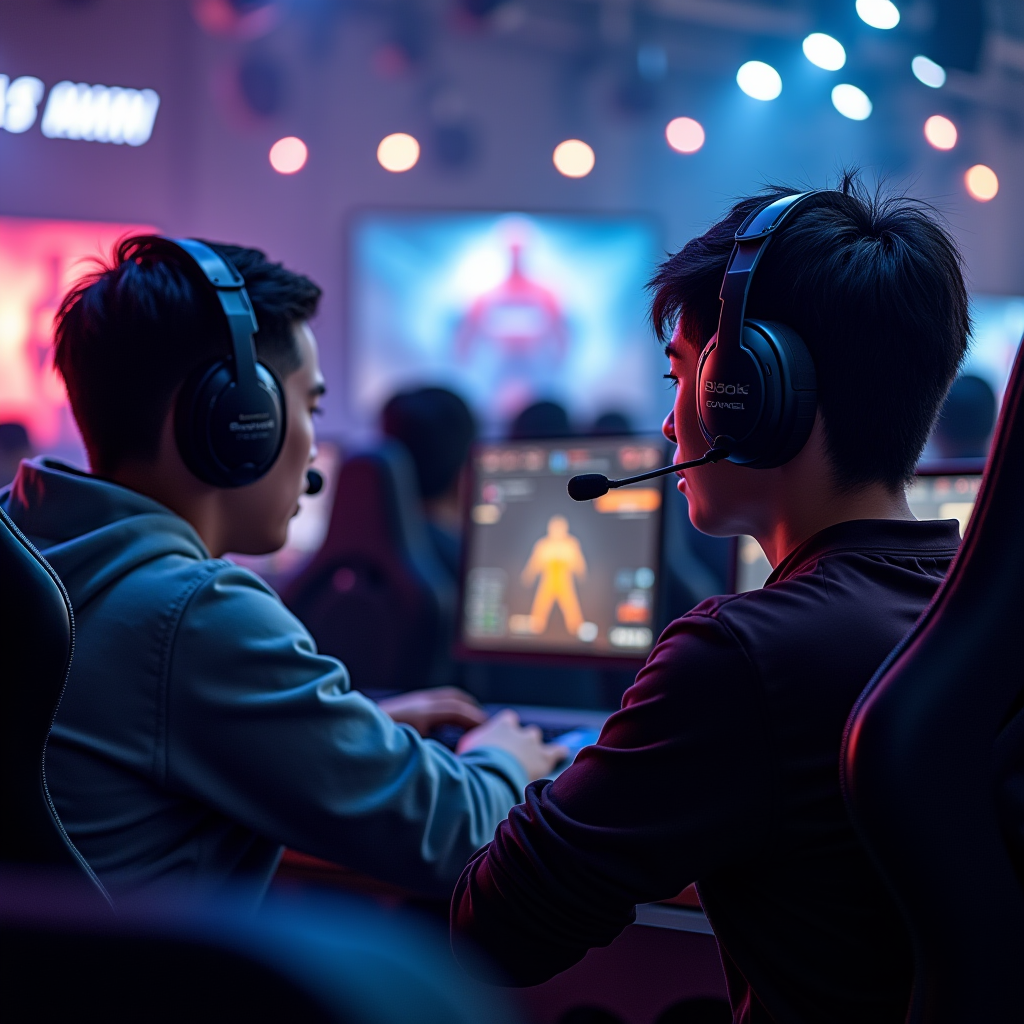 Intense competition between Asian mobile esports teams during COD Mobile qualifiers, showing players from different countries in focused gameplay, multiple camera angles capturing the action, professional gaming peripherals and equipment visible