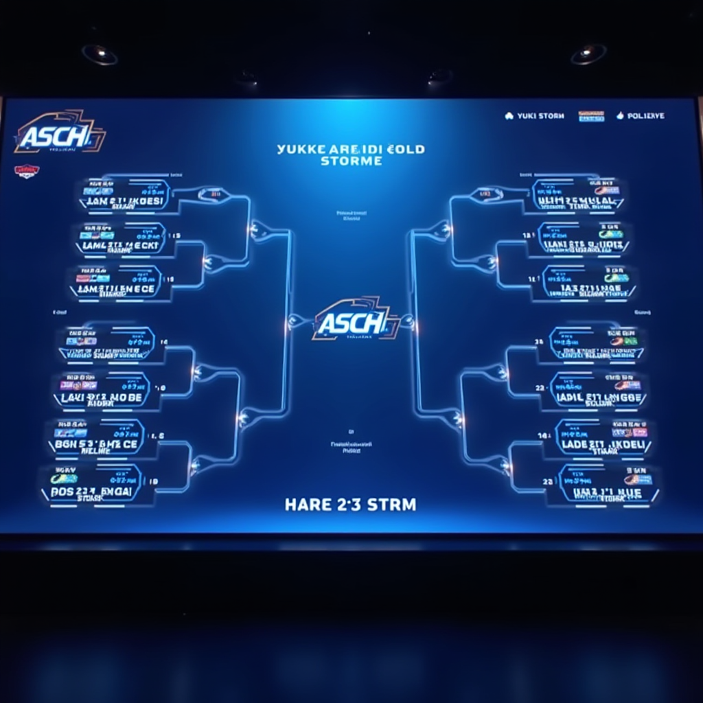 Large tournament bracket display screen showing Yuki Storm Tanaka's progression through multiple simultaneous mobile esports competitions, with victory indicators and match results highlighted in blue