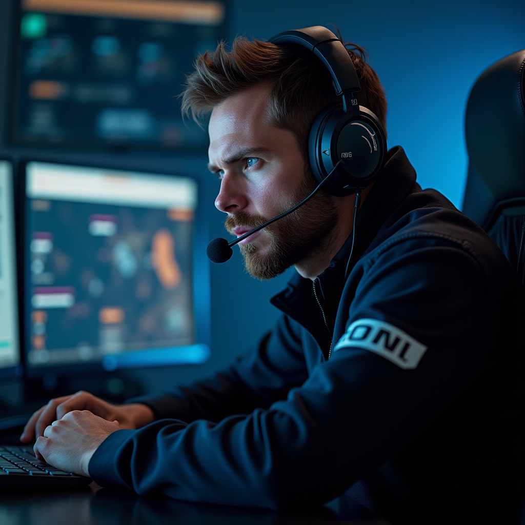 Team Fury in-game leader Phantom making strategic calls, intense expression, team communication setup, tactical display screens in background