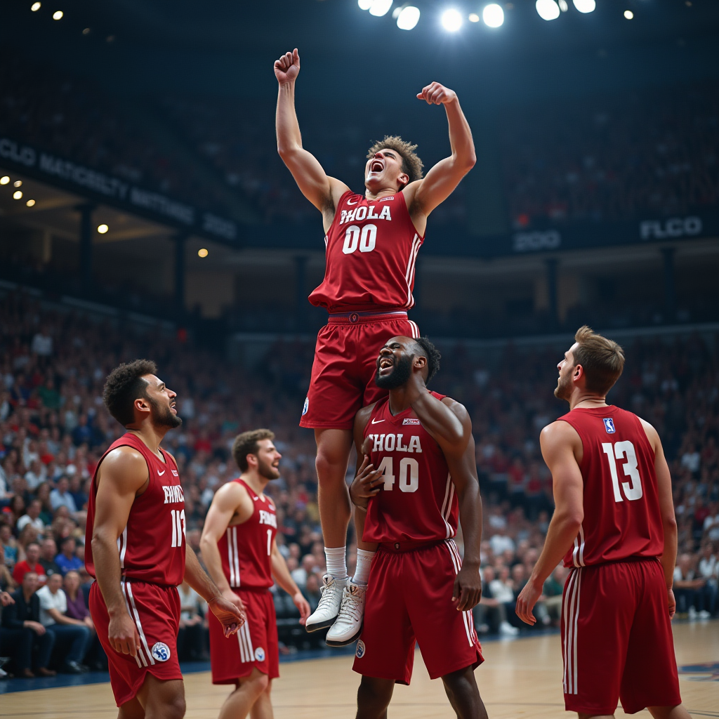 Underdog team celebrating shocking upset victory over tournament favorites, players jumping in disbelief and joy, defeated favorites looking stunned in background, dramatic tournament stage with shocked crowd reactions visible