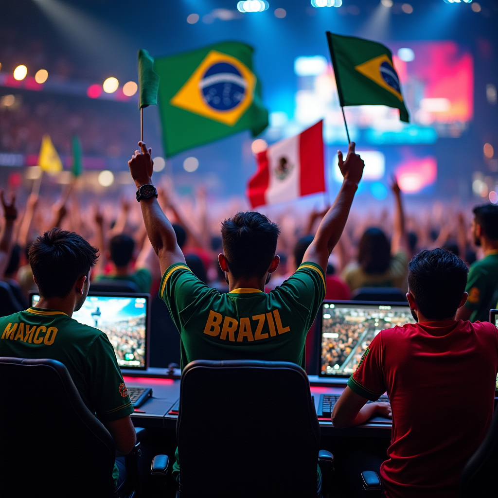 Energetic Latin American mobile esports tournament with teams from Brazil, Mexico, Argentina competing in COD Mobile qualifiers, passionate crowd waving flags, vibrant atmosphere with Latin American cultural elements, professional gaming setup