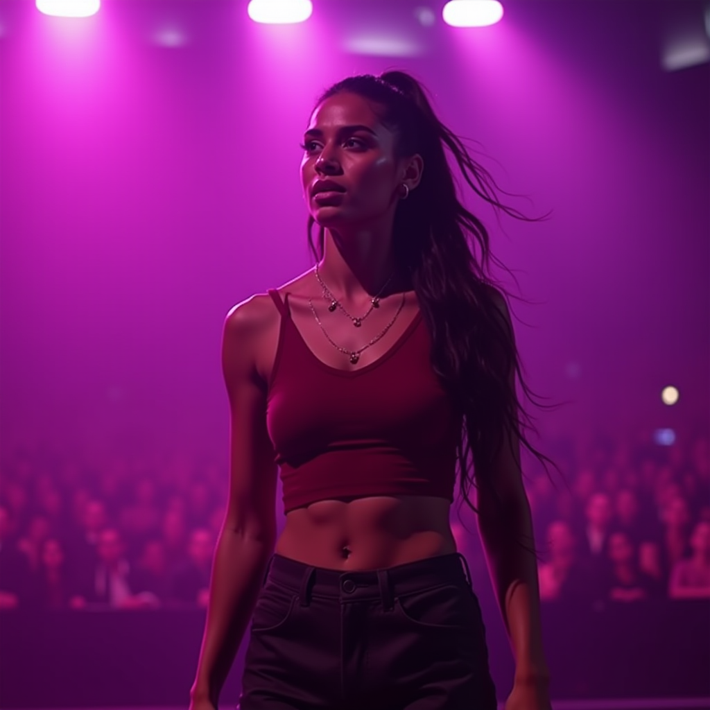 Aisha Patel, known as Catalyst, in the final crucial moments of a championship match, expression of intense concentration, surrounded by dramatic pink and purple stage lighting, crowd visible in background