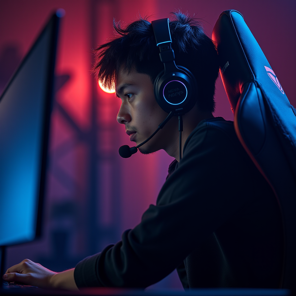 Nova Esports player Striker in clutch moment, 1v3 situation display, intense concentration, dramatic lighting highlighting player