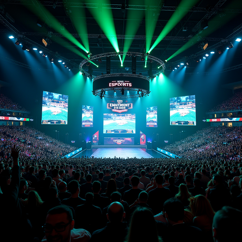 State-of-the-art mobile esports arena filled with thousands of fans, massive LED screens displaying tournament action, professional stage setup with player booths, dramatic green and blue lighting effects, showcasing the evolution of mobile gaming championships