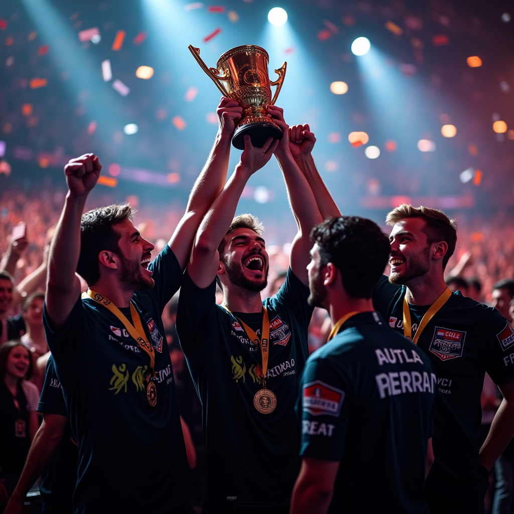 Dramatic championship moment from Latin American COD Mobile qualifiers, winning team celebrating victory with trophy, emotional players and coaches, passionate crowd in background, confetti and stage lighting creating epic atmosphere