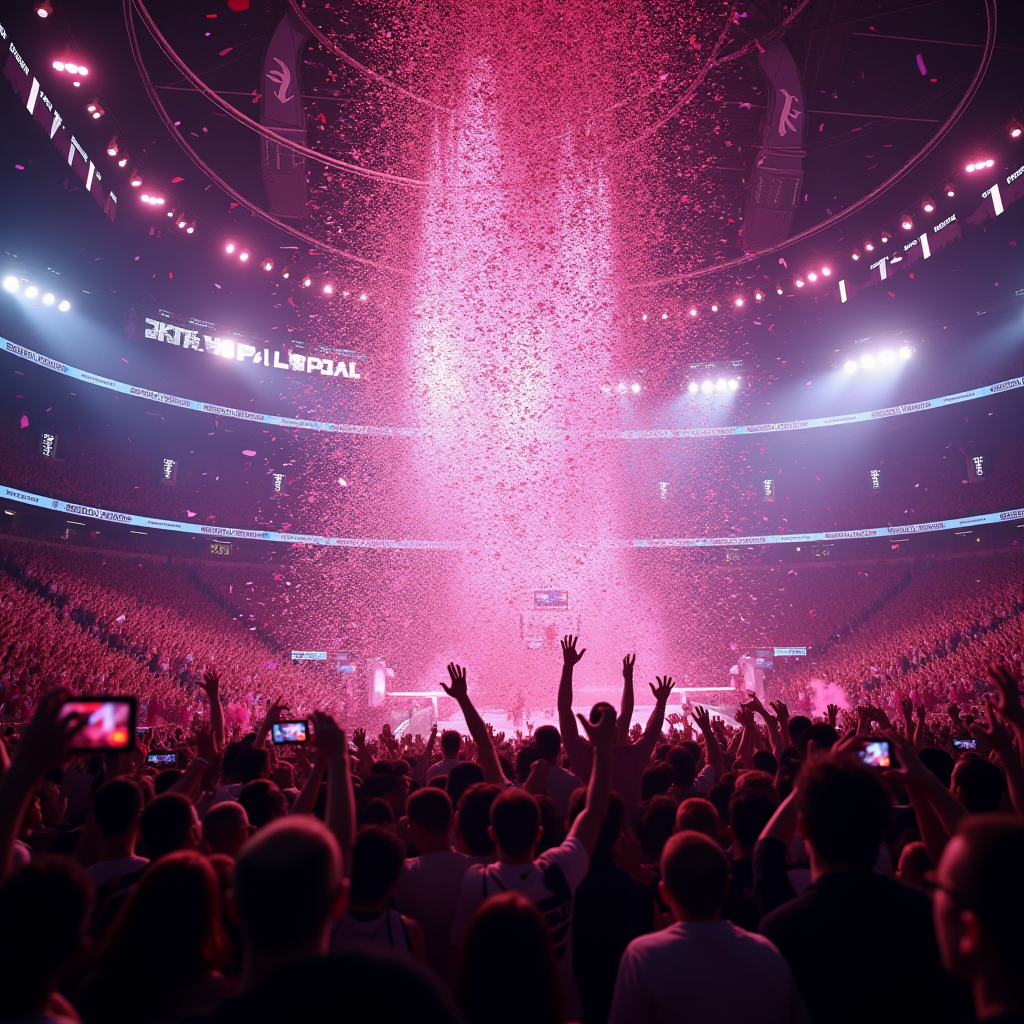 Massive crowd erupting in celebration as Catalyst secures the championship-winning play, confetti falling from ceiling, dramatic pink and purple lighting illuminating the arena, players celebrating on stage