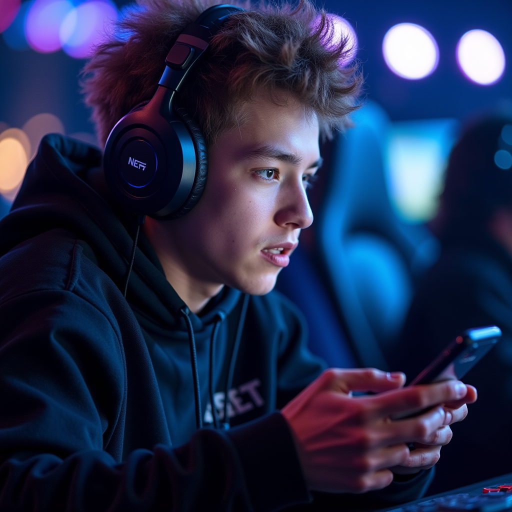 Professional mobile esports player intensely focused during a major tournament match, holding smartphone with professional gaming accessories in a competitive gaming environment