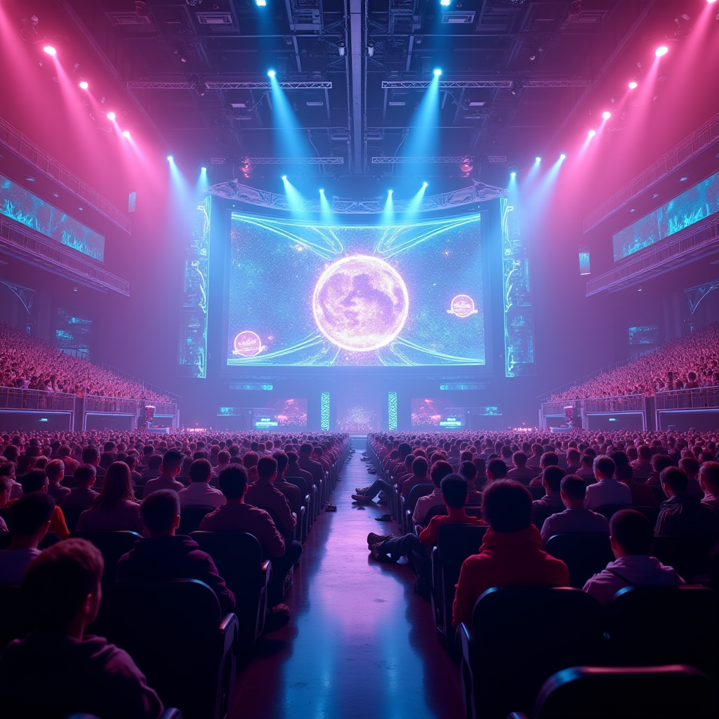 Futuristic vision of mobile esports with advanced technology, holographic displays, next-generation mobile devices, packed arena with enthusiastic fans, pink and blue neon lighting suggesting bright future of competitive mobile gaming