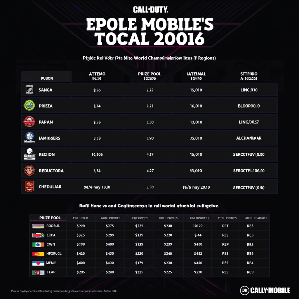 Infographic showing prize pool distribution across all four regions for COD Mobile World Championship qualifiers, with breakdown of placement prizes and World Championship qualification spots, professional esports tournament financial structure visualization
