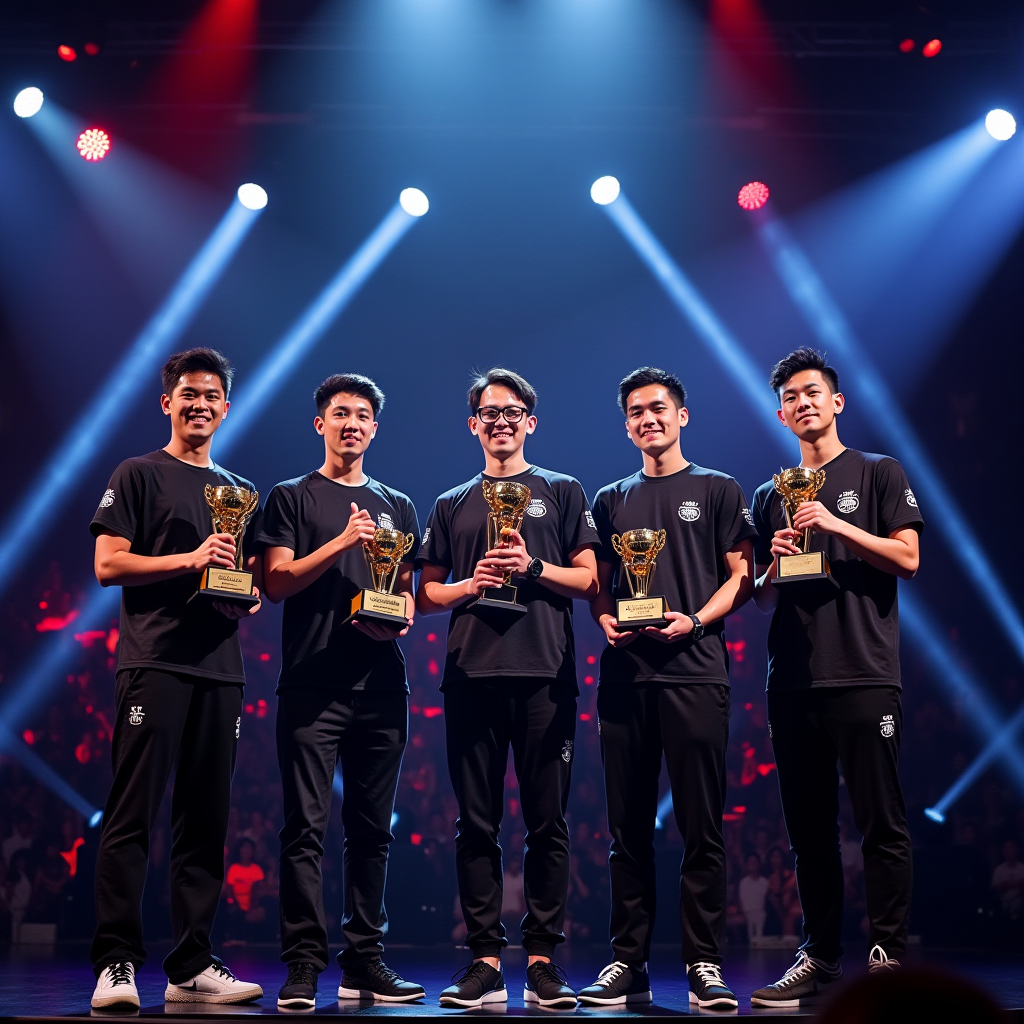 All five breakthrough players - Phantom, Blaze, Fortress, Storm, and Catalyst - standing together on championship stage holding their respective trophies, dramatic multi-colored stage lighting, celebrating their collective success in mobile esports